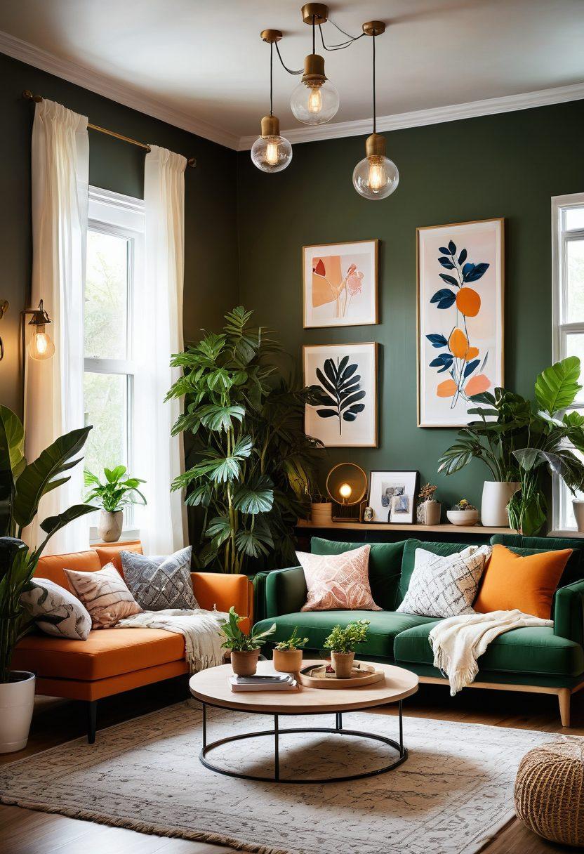 A stylish and modern living room scene showcasing trendy Kroshki lifestyle products, including cozy decor, sustainable items, and vibrant accessories. Incorporate a diverse group of people engaged in discussions about the latest trends, surrounded by lush plants and creative artwork. Bright, inviting atmosphere with warm lighting to inspire enthusiasm. super-realistic. vibrant colors. cheerful ambiance.