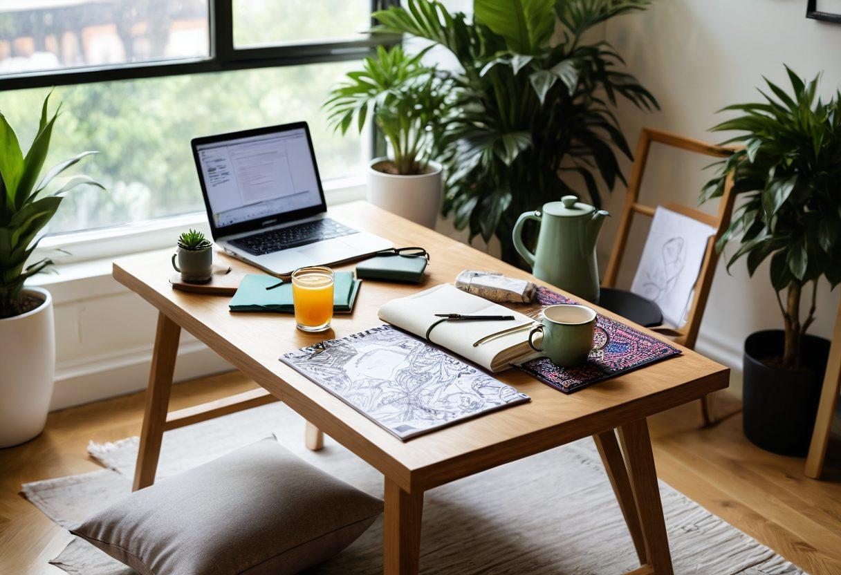 A stylish, modern person surrounded by various colorful Kroshki products, showcasing vibrant patterns and trends, while enjoying a cozy afternoon in a sunlit room filled with plants and decoration. Include elements of lifestyle inspiration like a laptop with design sketches, a notepad with trendy ideas, and a cup of tea. The setting should evoke creativity and elegance. super-realistic. vibrant colors. cozy atmosphere.